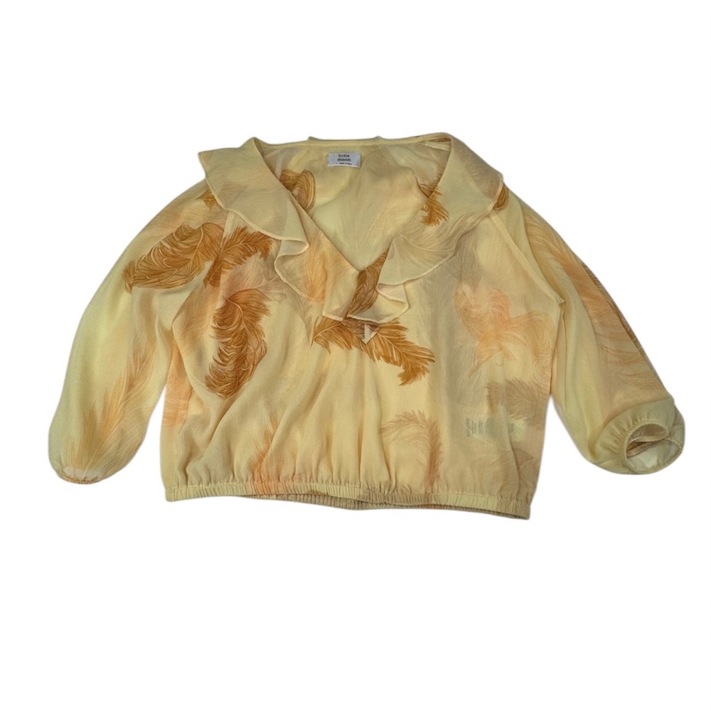 Little Moon‎ Blouse Women's Large Yellow Sheer Ruffled Feather Design